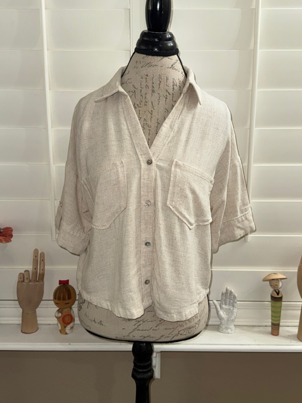 ZARA Short Sleeve Linen Blend Shirt natural cream
